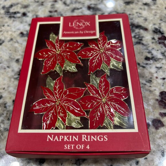 Lenox Poinsettia Napkin Rings Red And Gold Set of 4 - Picture 5 of 5